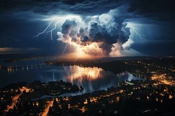 Fotobehang Rays tear the night sky during intense storm., generative IA © JONATAS