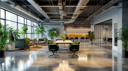 modern office meeting room with a large wooden table, green chairs, and a green living wall, surrounded by glass partitions and adjacent office spaces.