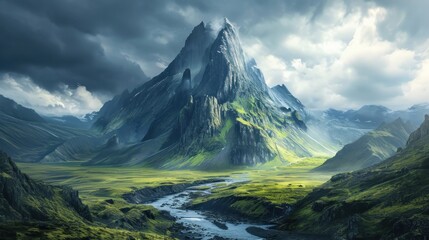 Fototapeta premium a painting of a mountain range with a river in the foreground and a river running through the middle of the valley, under a cloudy sky filled with dark clouds.