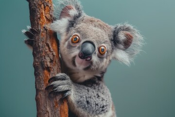 Koala Imitation with Astonished Look: An animal resembling a koala clutching a tree branch with an astonished, comical expression - obrazy, fototapety, plakaty