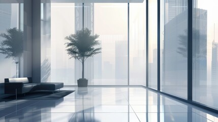 Serene Office View: A peaceful office interior with a view of a calm cityscape