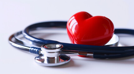 A conceptual red heart model lies next to a stethoscope on a reflective surface, symbolizing medical health and cardiological care. - obrazy, fototapety, plakaty