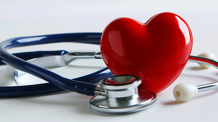 A conceptual red heart model lies next to a stethoscope on a reflective surface, symbolizing medical health and cardiological care.