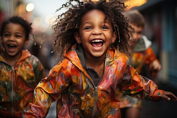 Radiant children play in rain in puddles., generative IA - obrazy, fototapety, plakaty