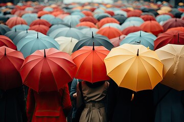 Colorful umbrellas dot the summer rain., generative IA