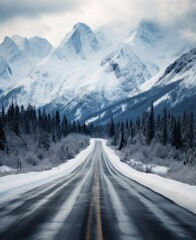  a road in the middle of a mountain range with snow on the ground and trees on both sides of the road and a mountain range in the distance with snow on both sides.