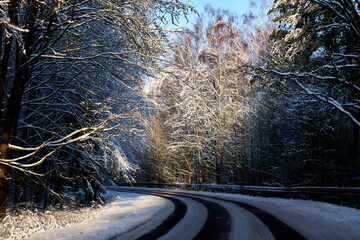 Eine verschneite Strasse im Winter - obrazy, fototapety, plakaty