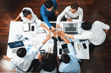 Top view diverse office worker join hand together in office room symbolize business synergy and...