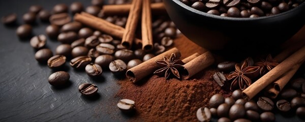 A close-up of coffee beans and ground coffee with a black bowl, a cinnamon stick, and a star anise on a dark textured surface