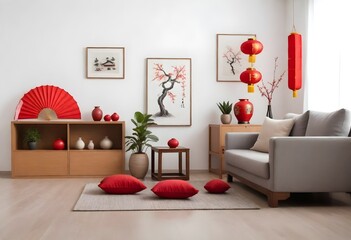 A living room decorated in an Asian style, with red Chinese lanterns, red cushions on the floor, a gray sofa, and decorative items such as a branch painting, fans on the wall, and a plant