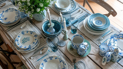  a table set with blue and white china and a vase filled with flowers and greenery on top of a wooden table with a white and blue striped table cloth.
