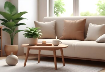 A cozy living room setting with a beige sofa adorned with cushions, a wooden coffee table in the foreground holding a clay jug and a small candle, next to a window with a view of greenery