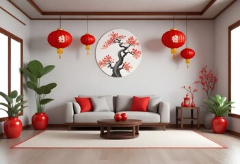 A living room decorated in an Asian style, with red Chinese lanterns, red cushions on the floor, a gray sofa, and decorative items such as a branch painting, fans on the wall, and a plant