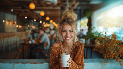 Beautiful Woman With Cup of Tea or Coffee. Beautiful  female drink coffee in cafe. 