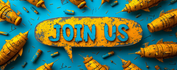 Inviting yellow speech bubble with JOIN US text on a teal blue background, evoking a sense of community, teamwork, and the act of joining a group