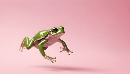 A green frog in mid-leap against a plain pink background