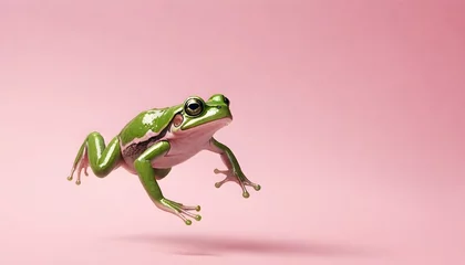 Foto auf Acrylglas A green frog in mid-leap against a plain pink background © JazzRock