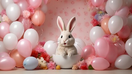 a close-up view of a rabbit within a beautifully crafted egg, positioned against a wall with ample copyspace, and enhanced by the presence of balloons,