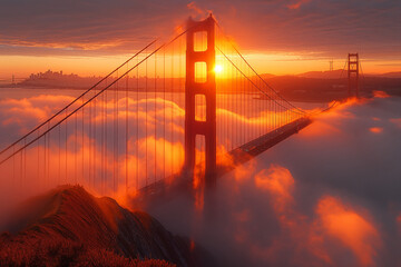 Fiery Sunset and Fog at Golden Gate Viewpoint
