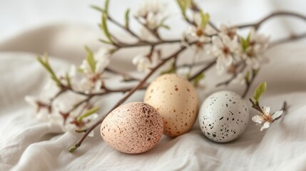  three speckled eggs sitting next to each other on a white surface with a branch of a blossoming tree in the foreground and a branch with white flowers in the background.