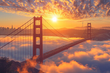 Fototapeta na wymiar Sunrise Splendor Over Golden Gate in Cloud Heaven