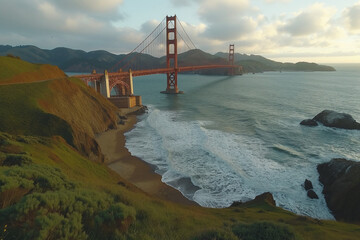 Golden Gate Bridge at Sunset with Coastal Cliffs