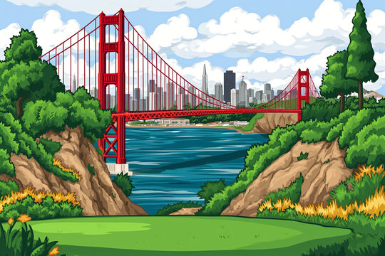 Colorful Illustration of Golden Gate Bridge, San Francisco