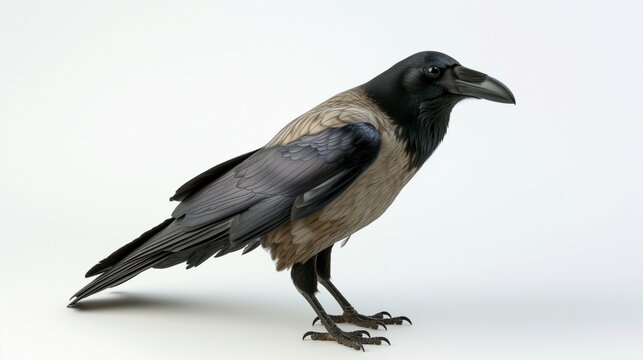 A beautiful image of a crow isolated on a plain white background.raven on a white background