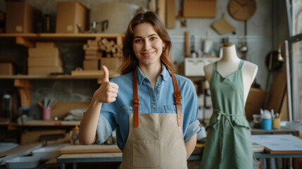 smiling young woman with an apron is giving a thumbs up in a craft or artisan workshop setting.