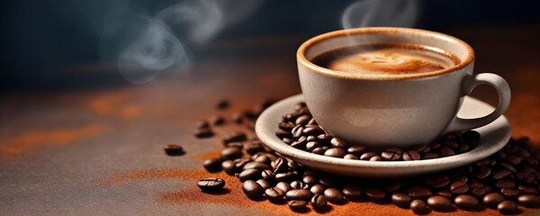 A steaming cup of coffee with coffee beans scattered around on a textured surface, with a warm and rustic ambiance