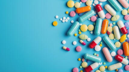 Top view colorful antibiotic capsule pills on blue background. Online pharmacy banner. World Health Day. Pharmaceutical industry. Prescription drugs