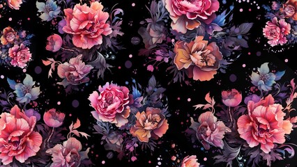 Floral background, black base with pink flowers