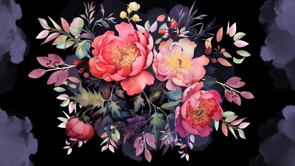 Black background with watercolor flowers