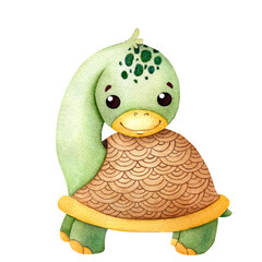 Little turtle. Funny children's cartoon character. Watercolor illustration isolated on white background, hand drawn.