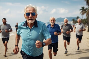 Senior, man group and running on beach together for elderly fitness and urban wellness with happiness