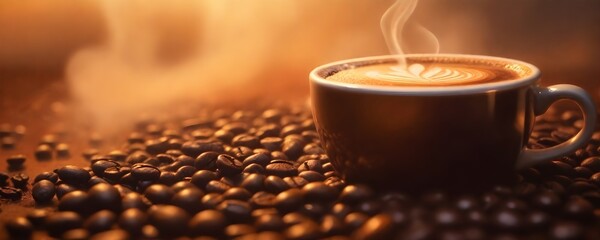 A close-up of a steaming cup of coffee surrounded by coffee beans on a surface with a warm, golden...