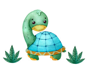 Little turtle with green bushes. Funny children's cartoon character. Watercolor illustration isolated on white background, hand drawn.