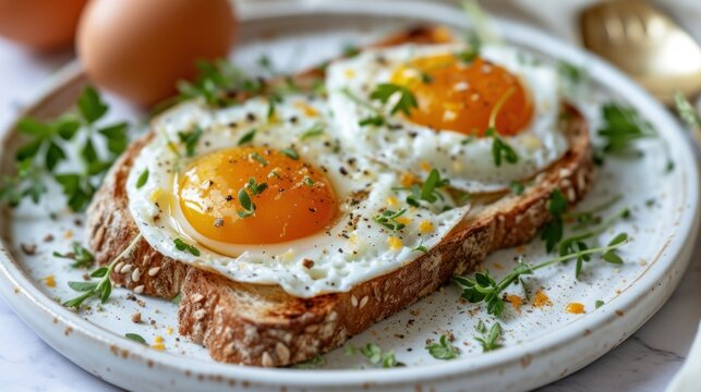  a close up of a plate of food with an egg on top of bread and an egg in the middle of the plate with a fork and an egg in the middle of the plate.