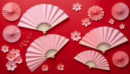 A collection of pink and red paper fans arranged with flowers and berries on a red background