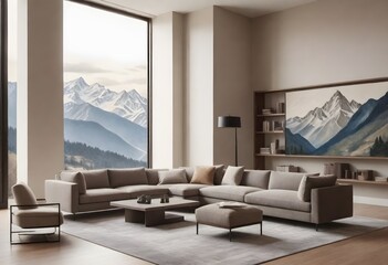 A modern living room with a large window providing a view of mountains, featuring a sectional sofa, two armchairs, a coffee table, a floor lamp, and a shelving unit