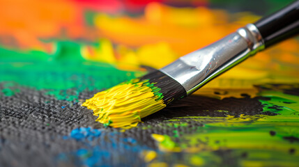 Fototapeta premium Close-up of an oil paint brush. The concept of learning to paint. Oil paint palette.