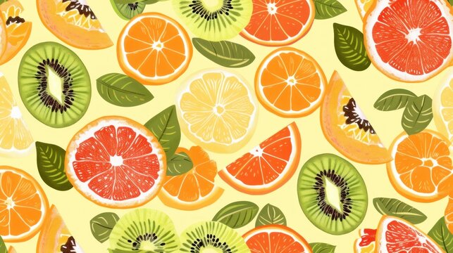  a bunch of cut up oranges and kiwis on a yellow background with leaves and leaves on the sides of the cut up oranges and kiwis.