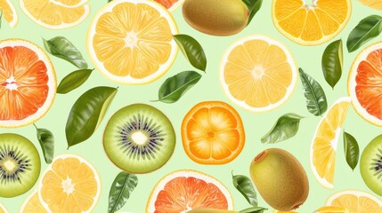 Obraz premium a bunch of oranges, kiwis, lemons and limes are arranged in a pattern on a light green background with green leaves and oranges.