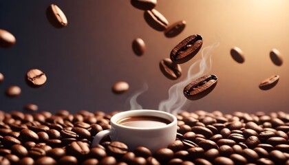 Roasted coffee beans in mid-air with a warm background