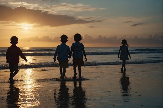 Silhouette of children gladness happy time on beach sunset