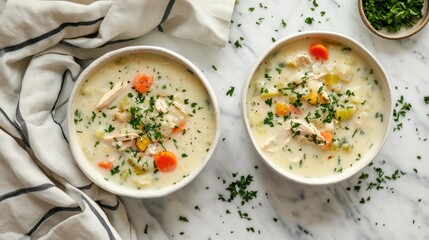  two bowls of soup with carrots, celery, and parsley on a white marble table with a black and white striped towel next to the bowl.