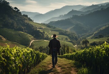 a man walking on a path in a vineyard
