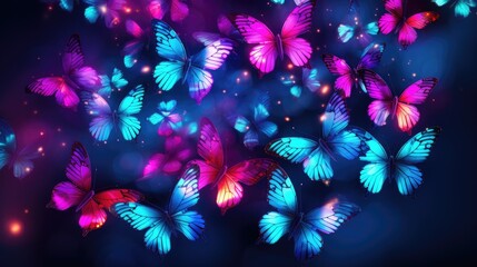 Fantastic background with butterflies and magical glowing stars on a black and purple background. Neon light.