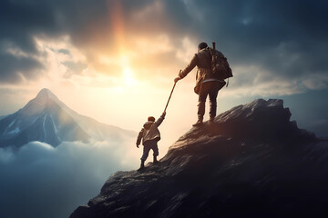 Father helps his son climb the top of mountain range,  with copy space - obrazy, fototapety, plakaty