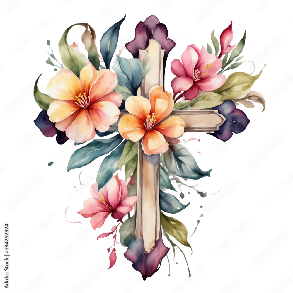 Sticker graphics for easter, wooden cross with flowers